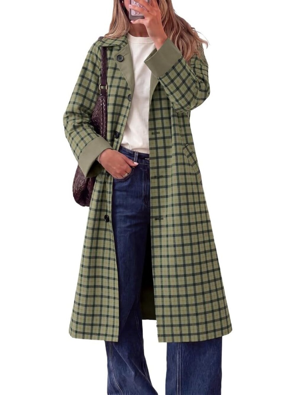 Stylish Women's Long Plaid Trench Coat - Reversible, Windproof Overcoat